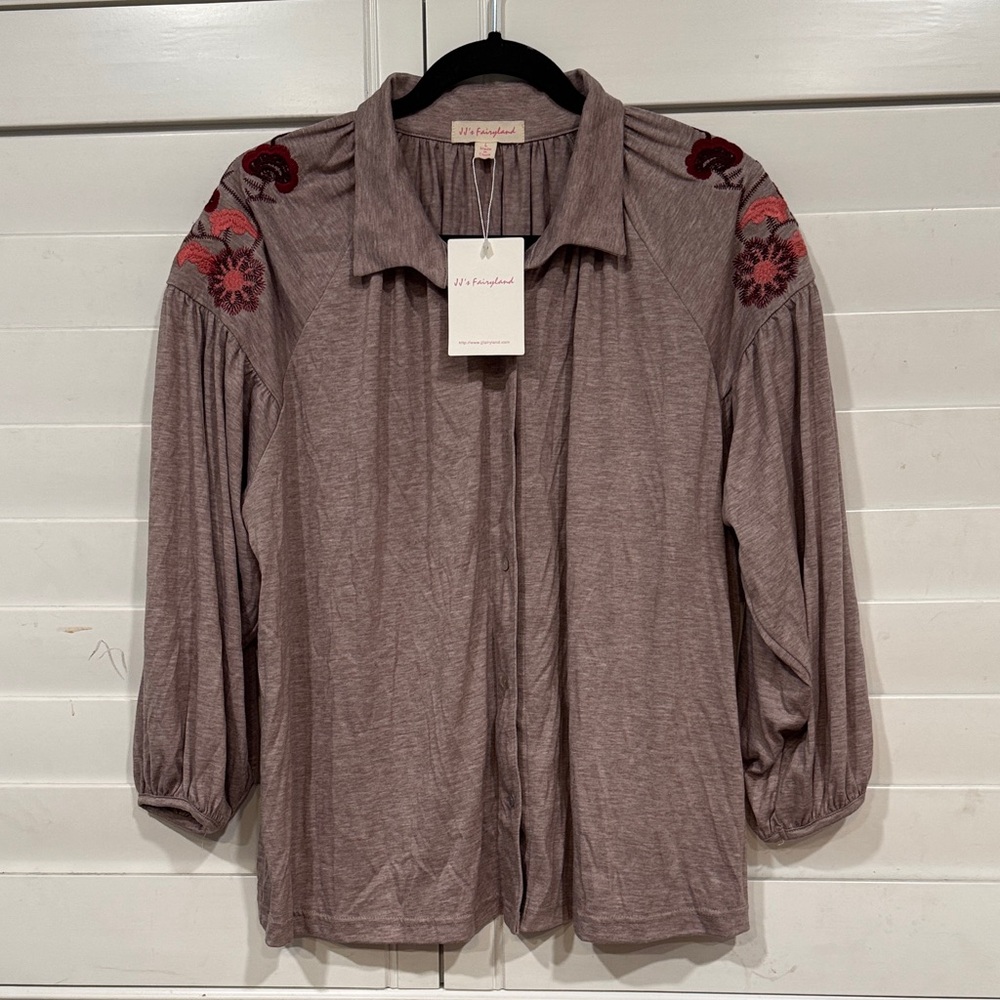 Embroidered Mauve Blouse with Floral Accents
